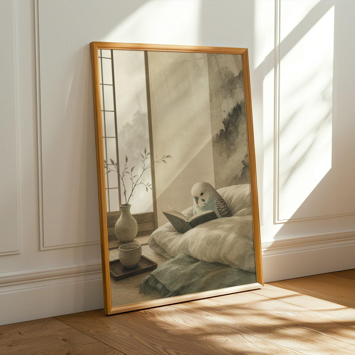 English Budgerigar Reading in Bed Poster | Japanese Zen Ink Wash Bird Wall Art | Warm Ivory Fog Gray Decor | Minimalist Bedroom Print