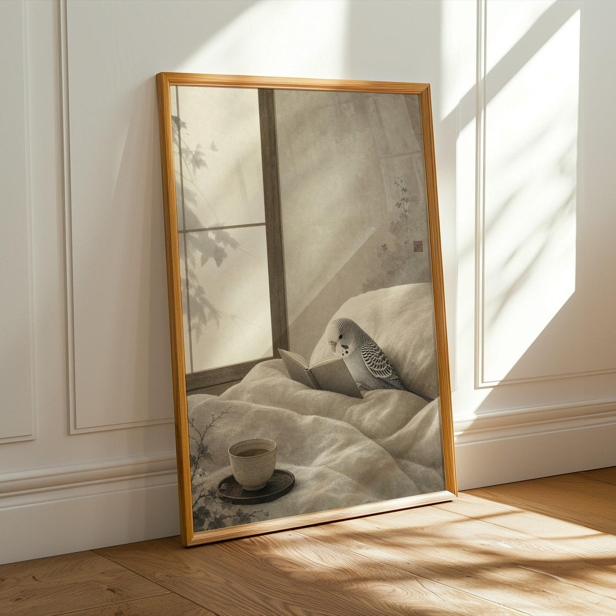 Silver Budgerigar Reading in Bed Poster | Japanese Zen Sumi-e Bird Wall Art | Warm Ivory Fog Gray Decor | Minimalist Bedroom Print