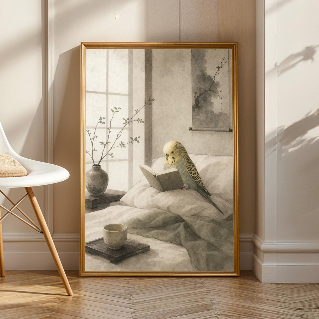 Yellowface Budgerigar Reading in Bed Poster | Japanese Zen Sumi-e Bird Wall Art | Warm Ivory Fog Gray Decor | Minimalist Bedroom Print