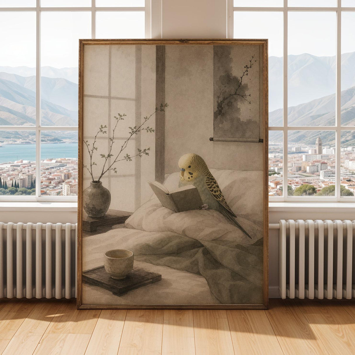 Yellowface Budgerigar Reading in Bed Poster | Japanese Zen Sumi-e Bird Wall Art | Warm Ivory Fog Gray Decor | Minimalist Bedroom Print