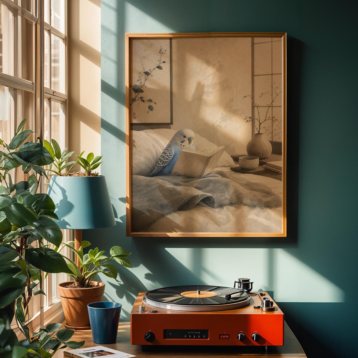 Pastel Blue Budgerigar Reading in Bed Poster | Japanese Zen Sumi-e Bird Wall Art | Periwinkle Blue Warm Ivory Decor | Bedroom Print