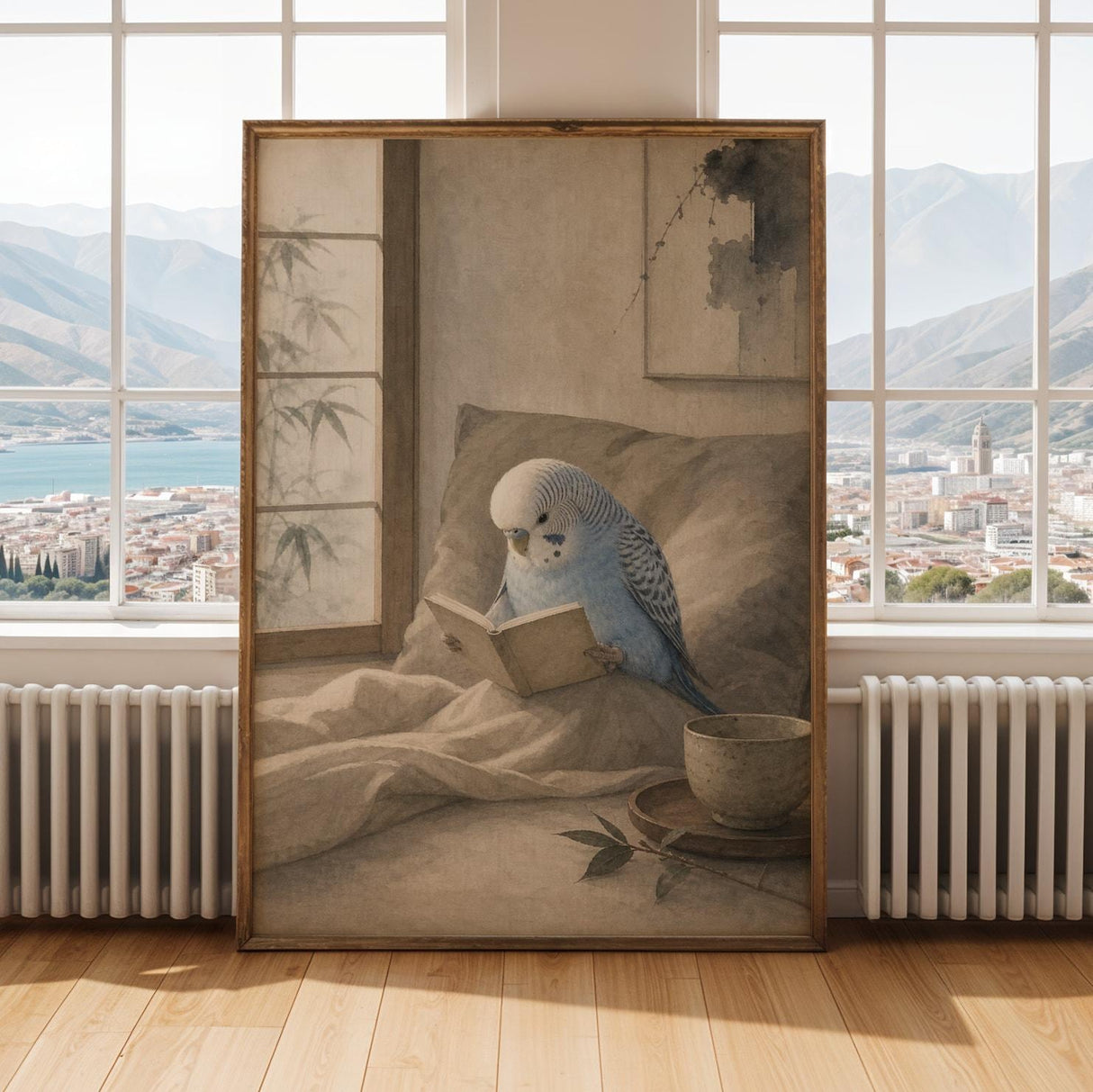 Light Blue Budgerigar Reading in Bed Poster | Japanese Zen Watercolor Bird Wall Art | Fog Gray Ivory Decor | Minimalist Bedroom Print