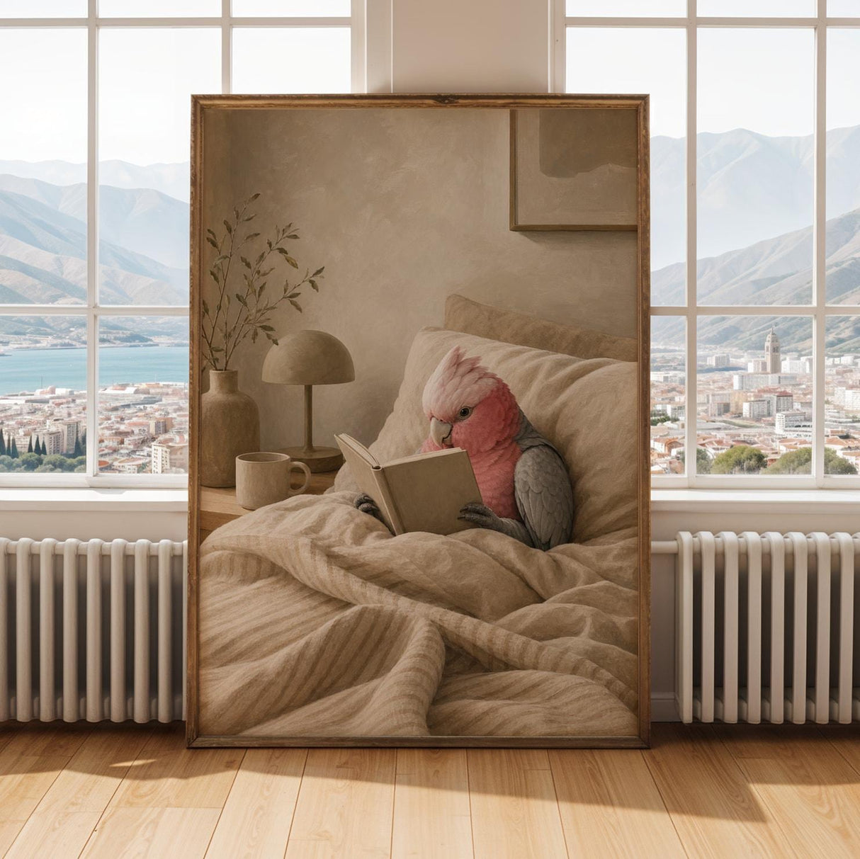 Galah Parrot Reading in Bed Poster | Modern Gouache Bird Wall Art | Warm Beige Dusty Rose Decor | Cozy Minimalist Bedroom Print