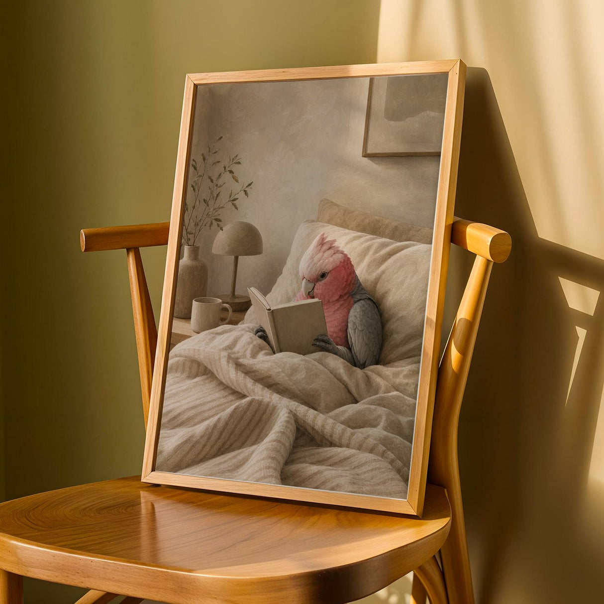 Galah Parrot Reading in Bed Poster | Modern Gouache Bird Wall Art | Warm Beige Dusty Rose Decor | Cozy Minimalist Bedroom Print