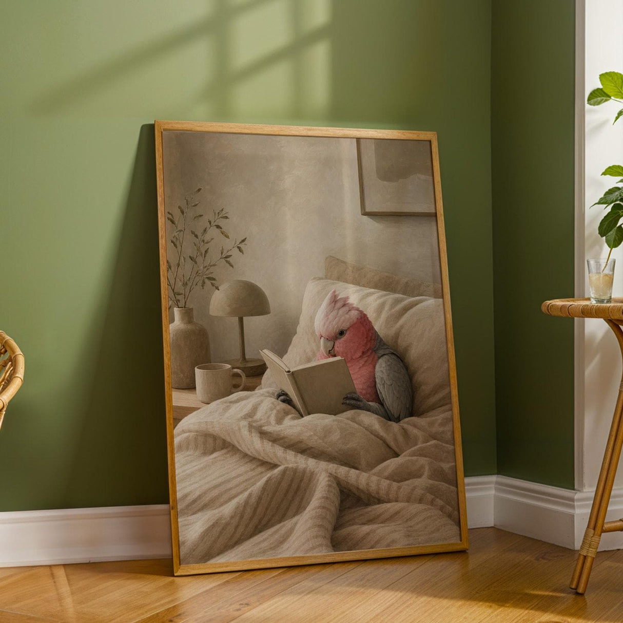 Galah Parrot Reading in Bed Poster | Modern Gouache Bird Wall Art | Warm Beige Dusty Rose Decor | Cozy Minimalist Bedroom Print