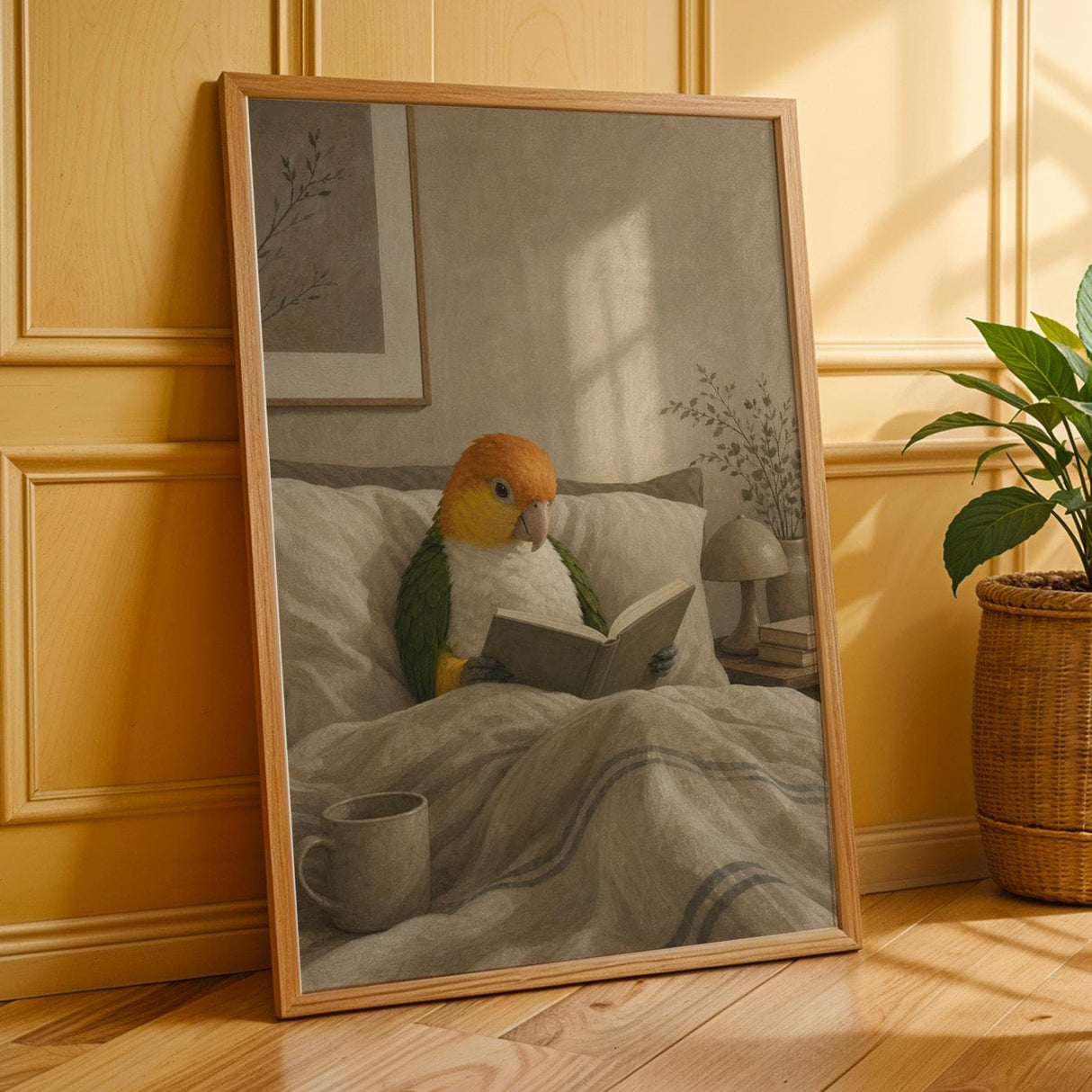 White Bellied Caique Reading in Bed Poster | Modern Gouache Bird Wall Art | Warm Beige Oat Milk Decor | Cozy Minimalist Bedroom Print
