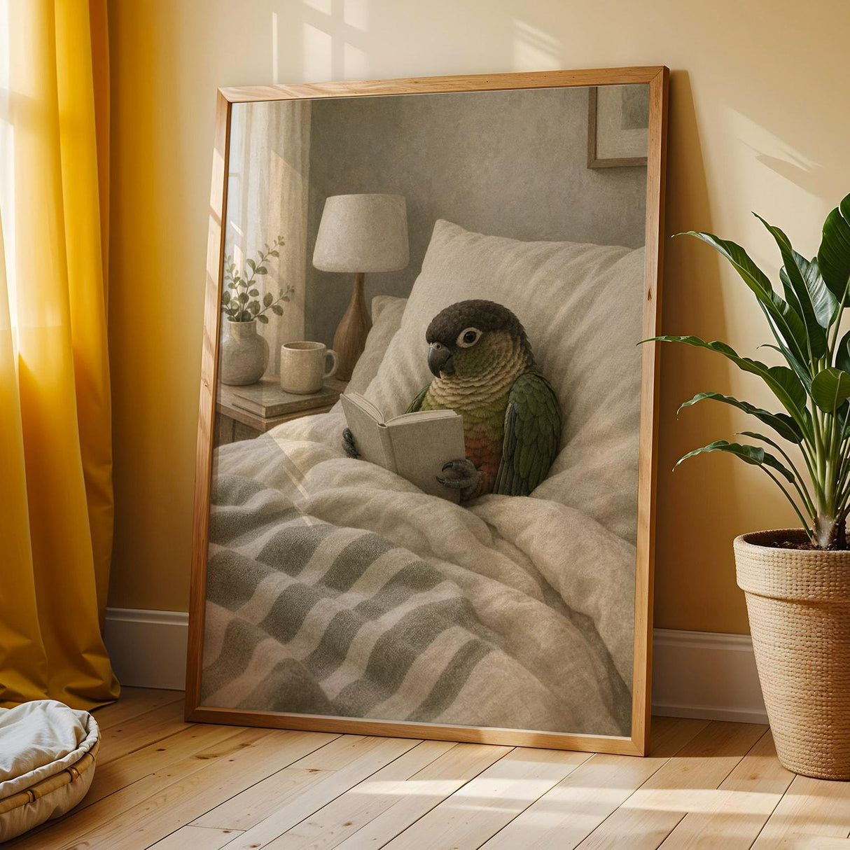 Dusky Conure Reading in Bed Poster | Scandinavian Gouache Bird Wall Art | Warm Beige Oat Milk Decor | Cozy Minimalist Bedroom Print