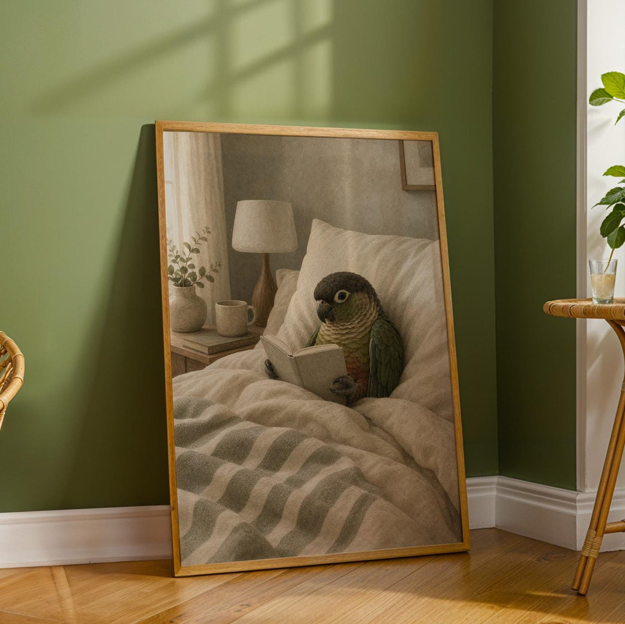 Dusky Conure Reading in Bed Poster | Scandinavian Gouache Bird Wall Art | Warm Beige Oat Milk Decor | Cozy Minimalist Bedroom Print