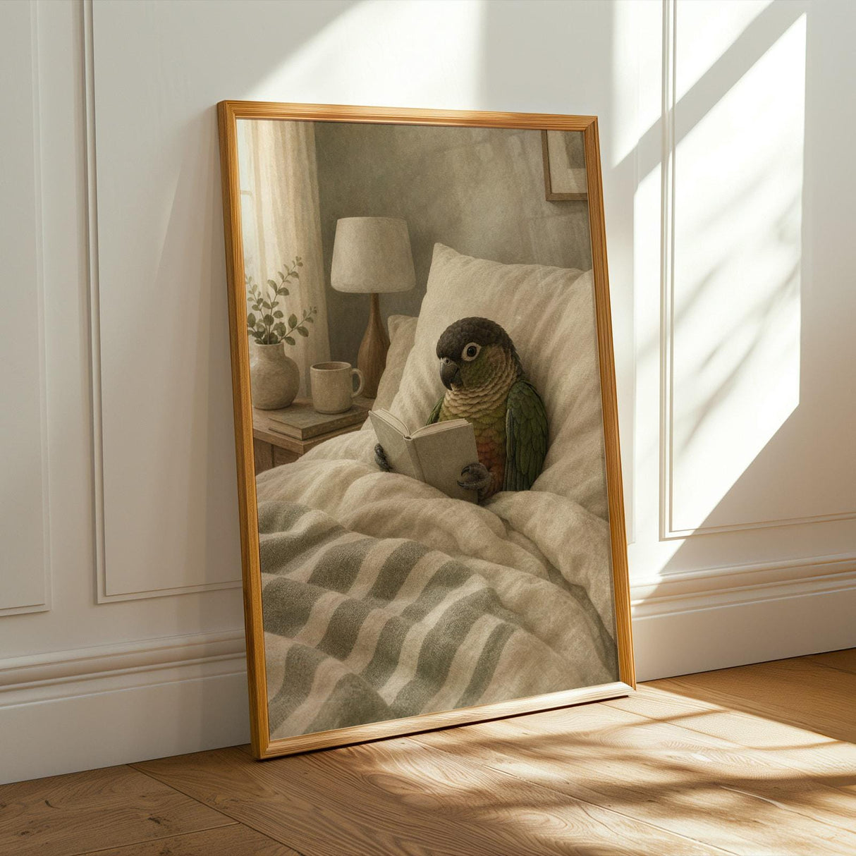 Dusky Conure Reading in Bed Poster | Scandinavian Gouache Bird Wall Art | Warm Beige Oat Milk Decor | Cozy Minimalist Bedroom Print