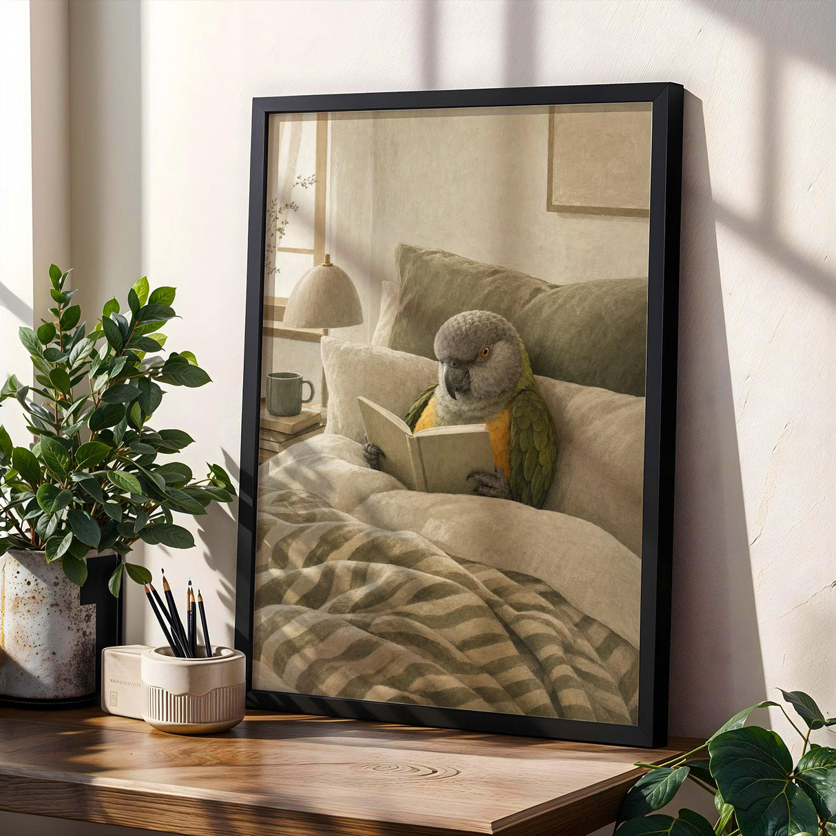 Senegal Parrot Reading in Bed Poster | Scandinavian Soft Gouache Bird Wall Art | Warm Beige Oat Milk Decor | Cozy Minimalist Bedroom Print