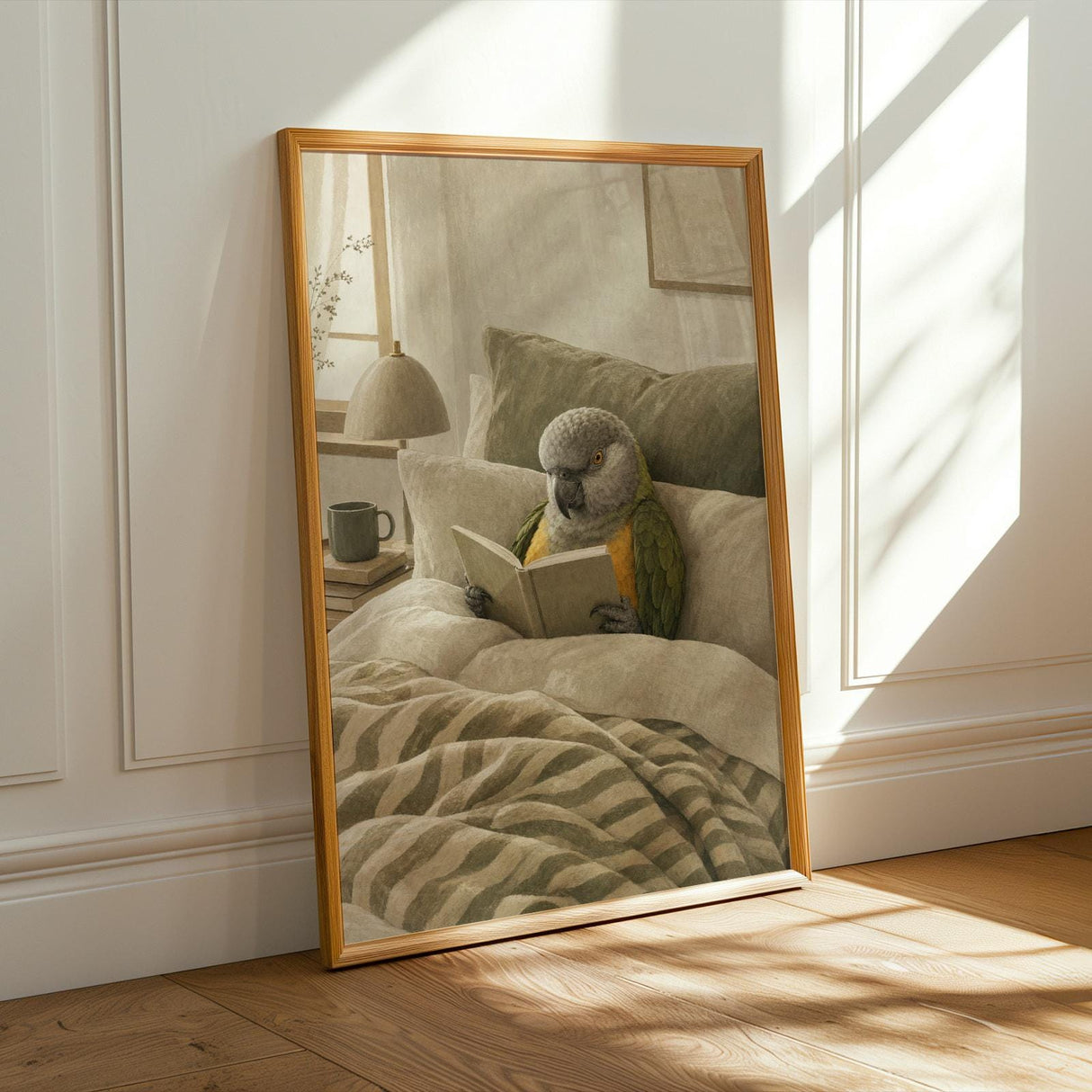 Senegal Parrot Reading in Bed Poster | Scandinavian Soft Gouache Bird Wall Art | Warm Beige Oat Milk Decor | Cozy Minimalist Bedroom Print