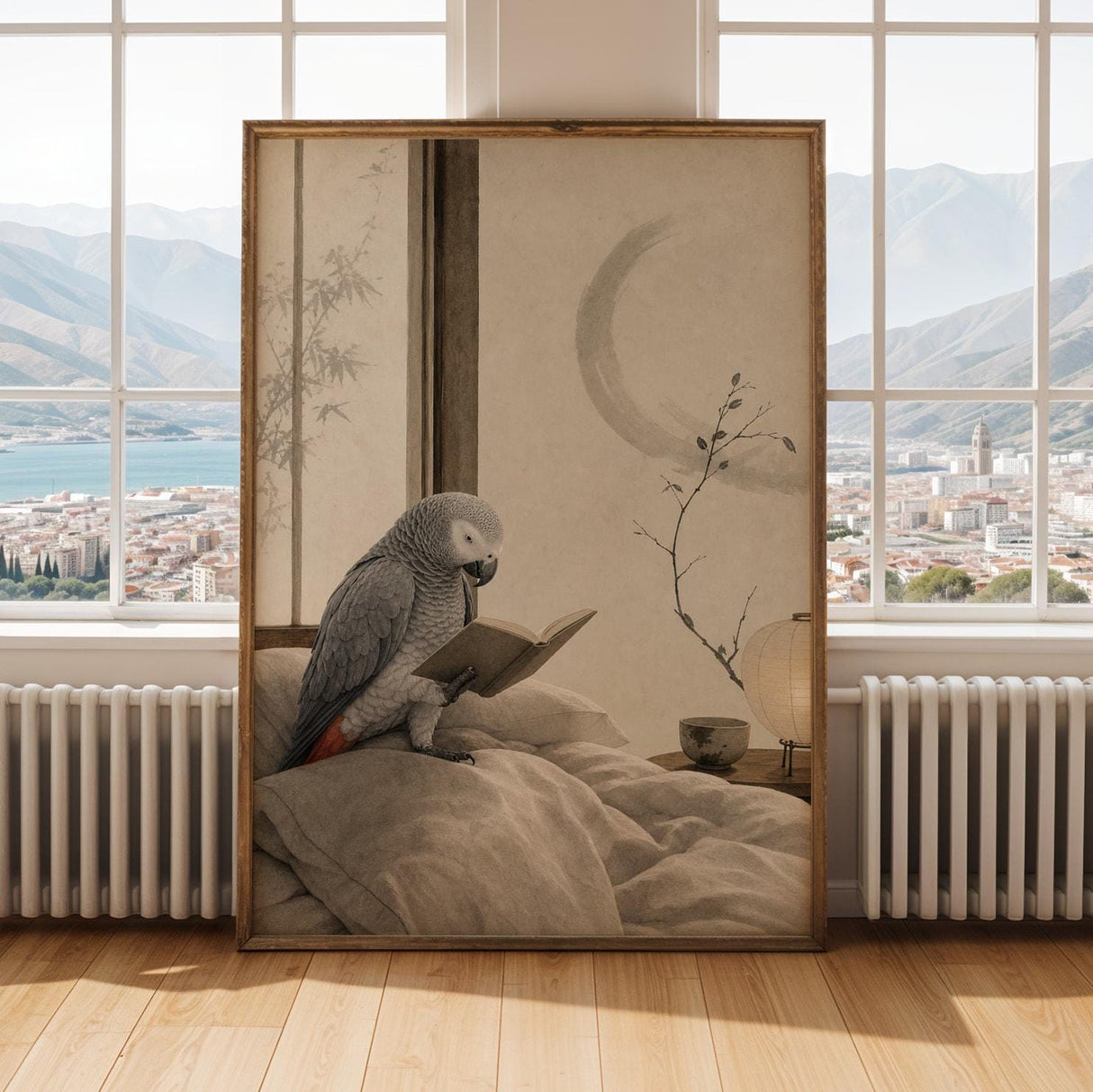 African Grey Parrot Reading in Bed Poster | Japanese Zen Ink Wash Bird Wall Art | Warm Ivory Fog Gray Decor | Minimalist Bedroom Print