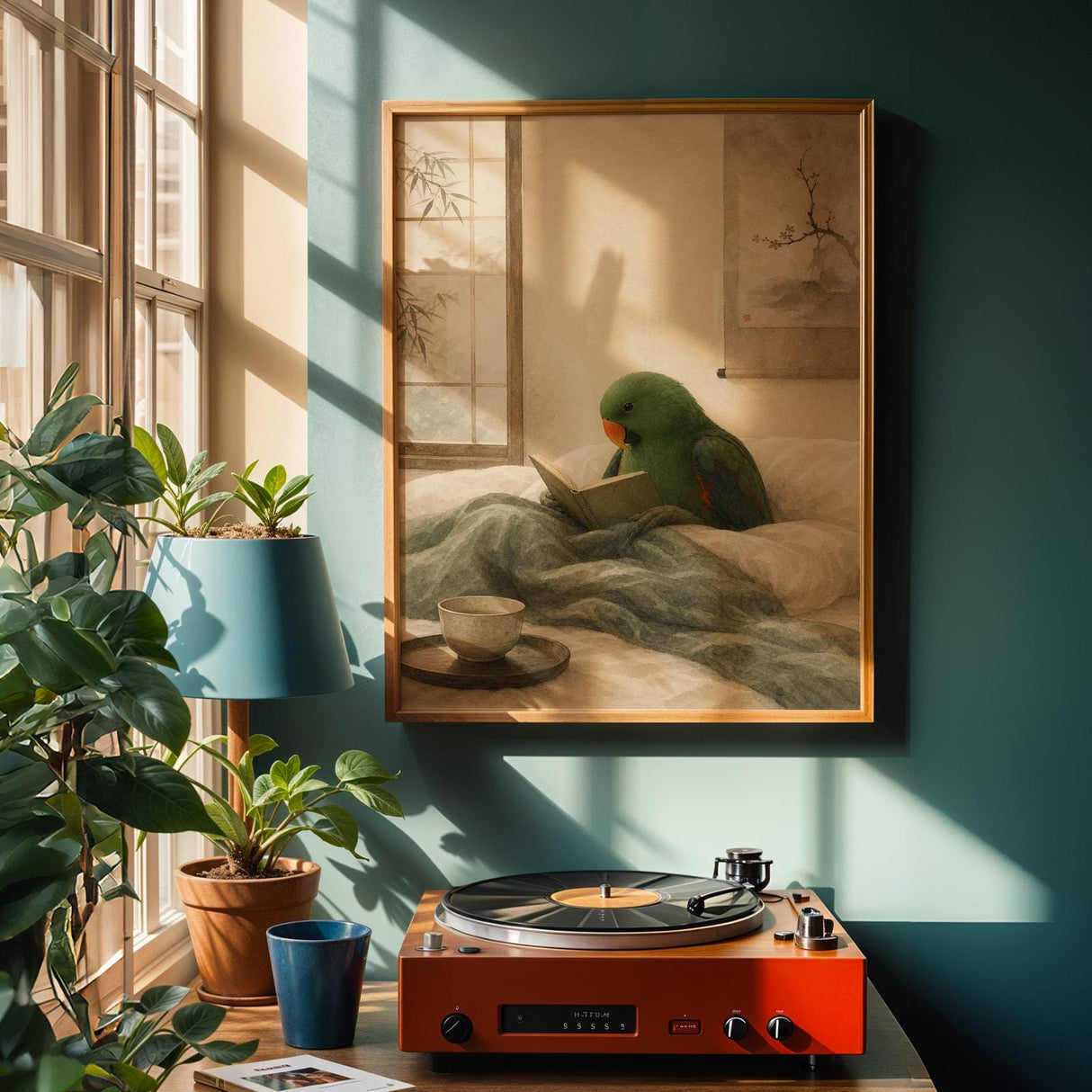 Eclectus Parrot Reading in Bed Poster | Japanese Zen Ink Wash Bird Wall Art | Warm Ivory Fog Gray Decor | Minimalist Bedroom Print