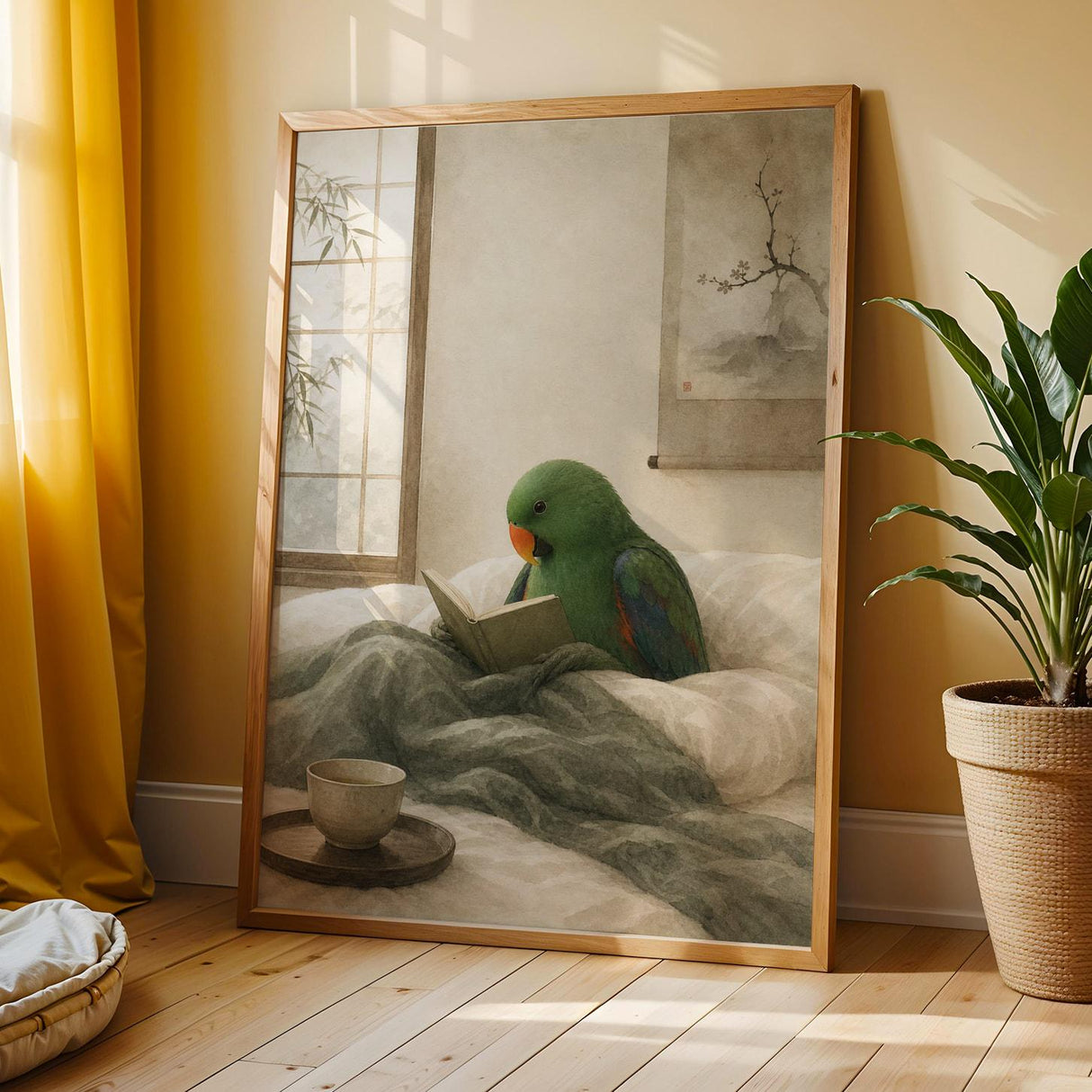 Eclectus Parrot Reading in Bed Poster | Japanese Zen Ink Wash Bird Wall Art | Warm Ivory Fog Gray Decor | Minimalist Bedroom Print