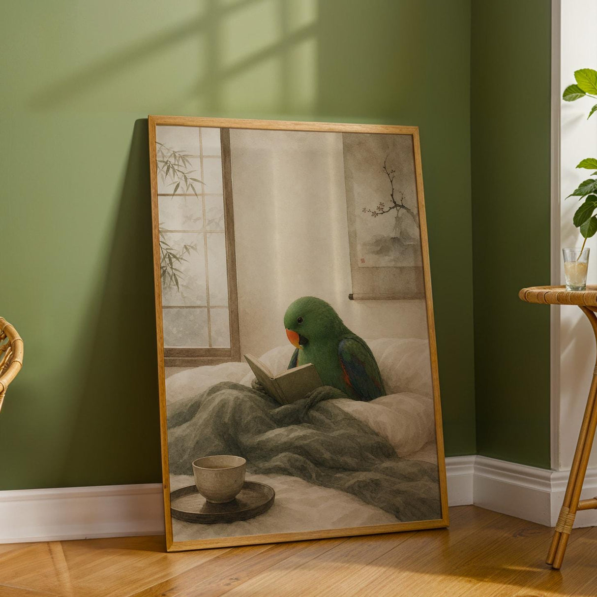 Eclectus Parrot Reading in Bed Poster | Japanese Zen Ink Wash Bird Wall Art | Warm Ivory Fog Gray Decor | Minimalist Bedroom Print