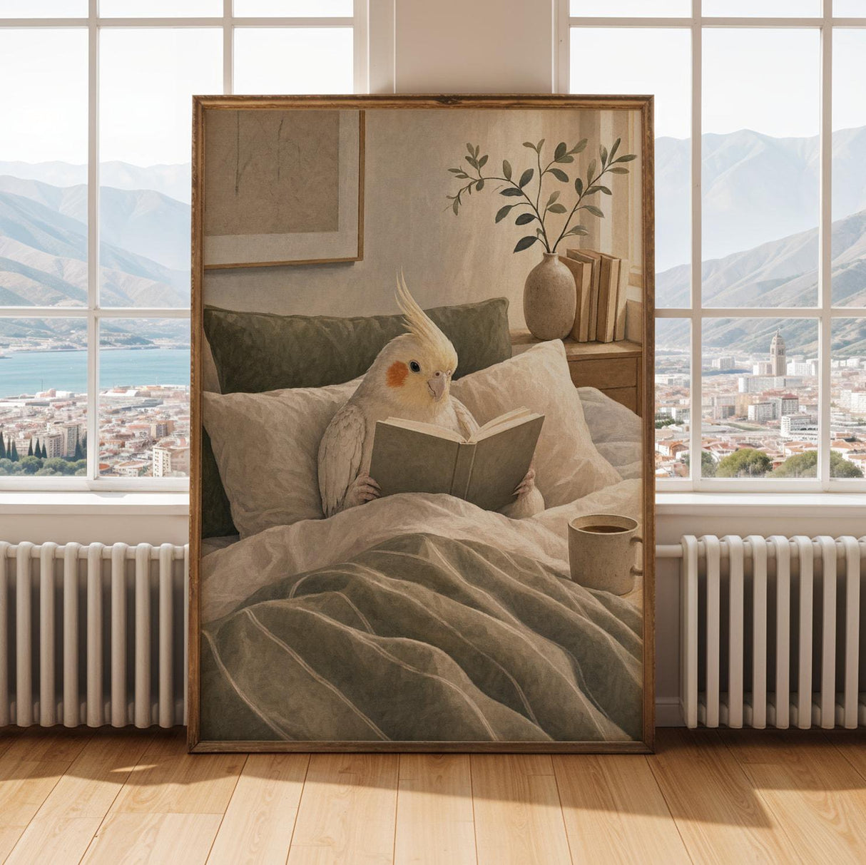 Pearl Cockatiel Reading in Bed Poster | Modern Gouache Bird Wall Art | Warm Beige Soft Ivory Decor | Cozy Minimalist Bedroom Print