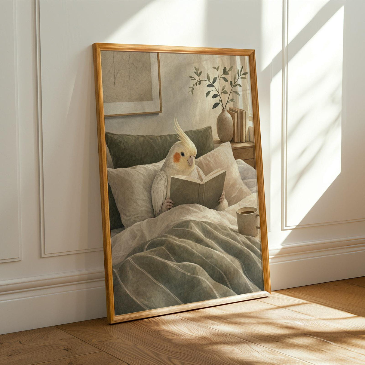 Pearl Cockatiel Reading in Bed Poster | Modern Gouache Bird Wall Art | Warm Beige Soft Ivory Decor | Cozy Minimalist Bedroom Print