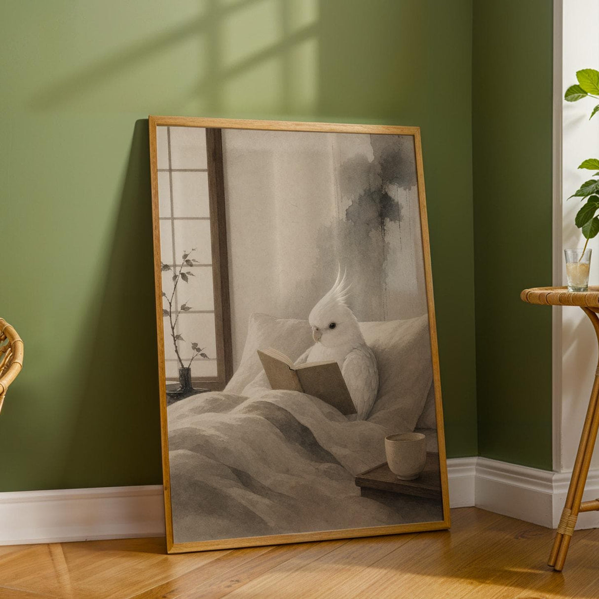 Cockatiel Reading in Bed Poster | Japanese Zen Sumi-e Bird Wall Art | Warm Ivory Fog Gray Decor | Minimalist Reading Nook Print