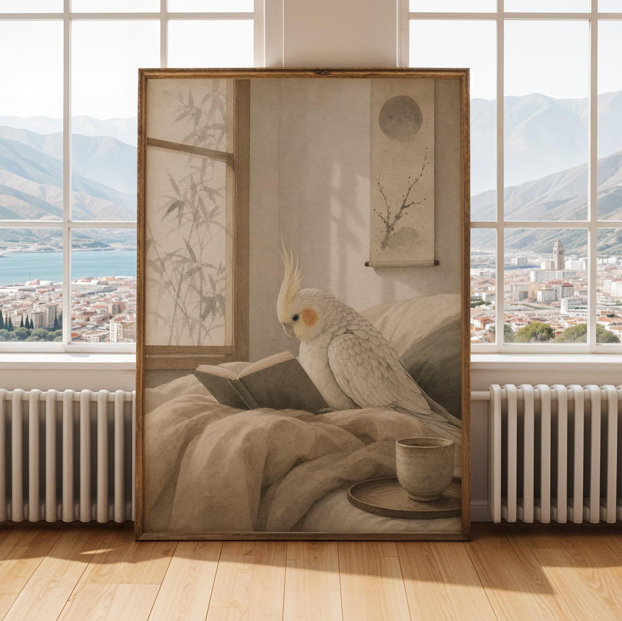 Pearl Cockatiel Reading in Bed Poster | Japanese Zen Ink Wash Bird Wall Art | Warm Ivory Sand Taupe Decor | Minimalist Bedroom Print