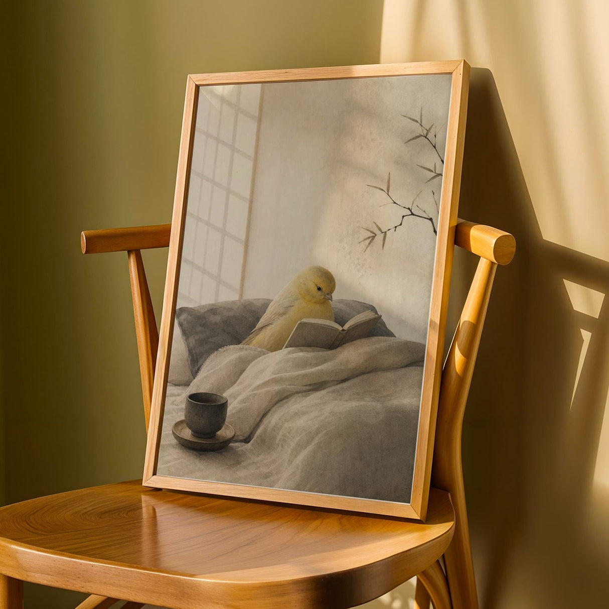 Roller Canary Reading in Bed Poster | Japanese Zen Sumi-e Bird Wall Art | Warm Ivory Neutral Decor | Minimalist Living Room Print