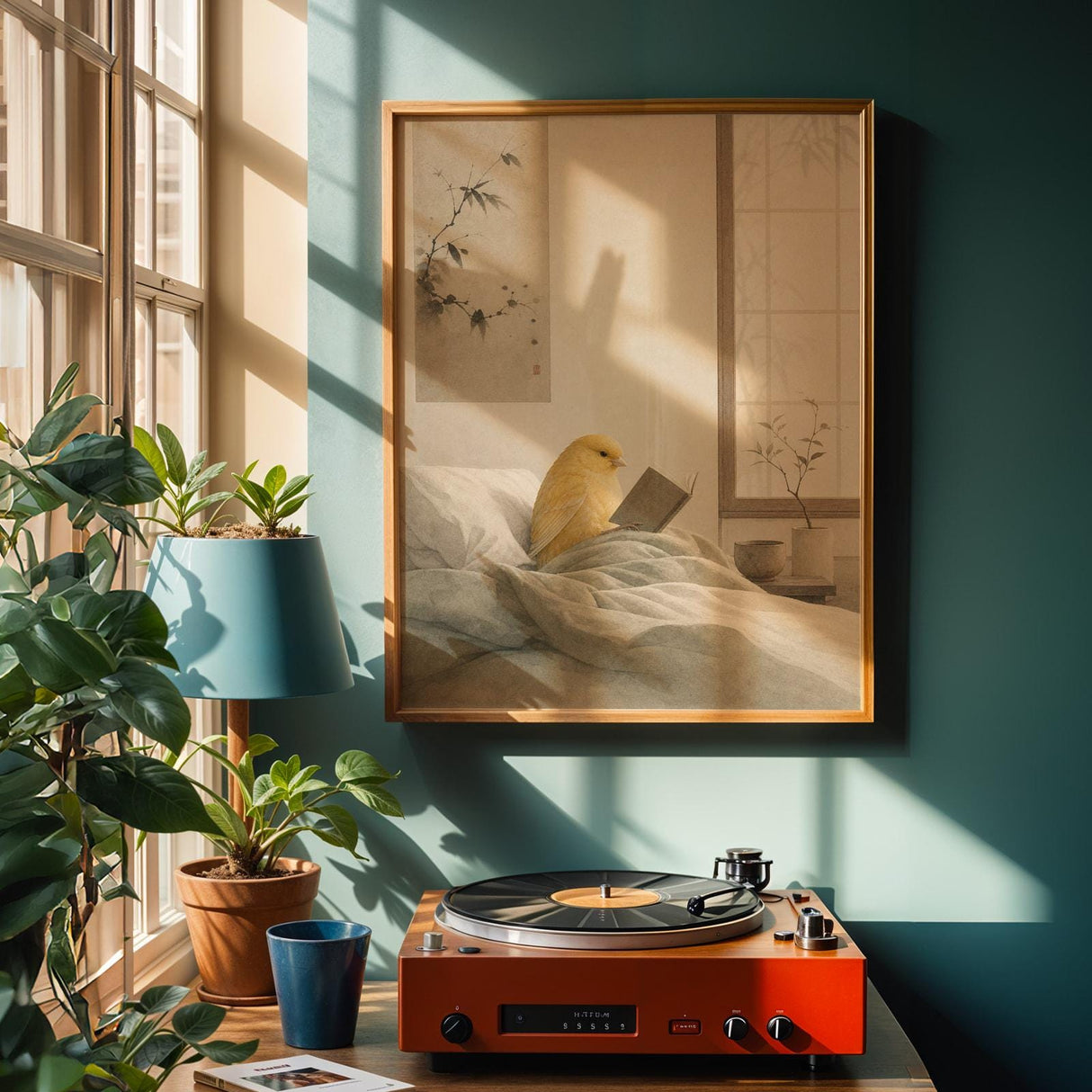 American Singer Canary Reading in Bed Poster | Japanese Zen Sumi-e Bird Wall Art | Warm Ivory Fog Gray Decor | Minimalist Bedroom Print
