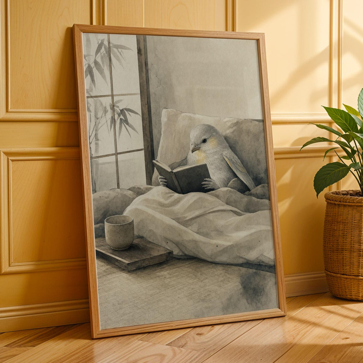 Silver Lizard Canary Reading in Bed Poster | Japanese Zen Sumi-e Bird Wall Art | Warm Ivory Fog Gray Decor | Minimalist Bedroom Print