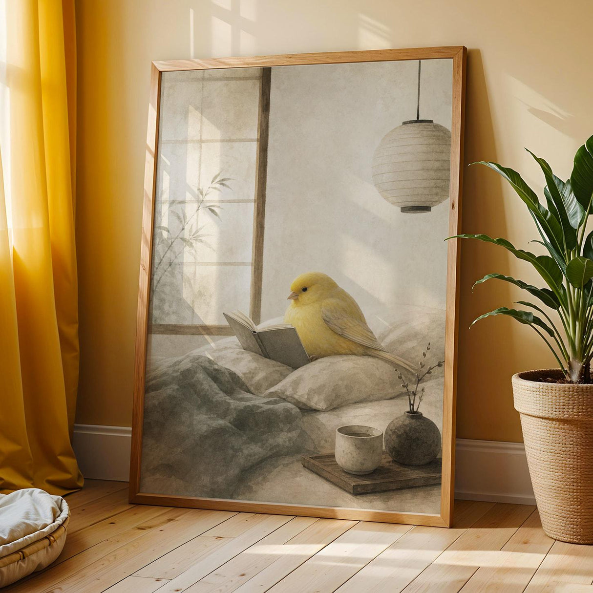 Gloster Canary Reading in Bed Poster | Japanese Zen Sumi-e Bird Wall Art | Warm Ivory Mustard Decor | Minimalist Bedroom Print