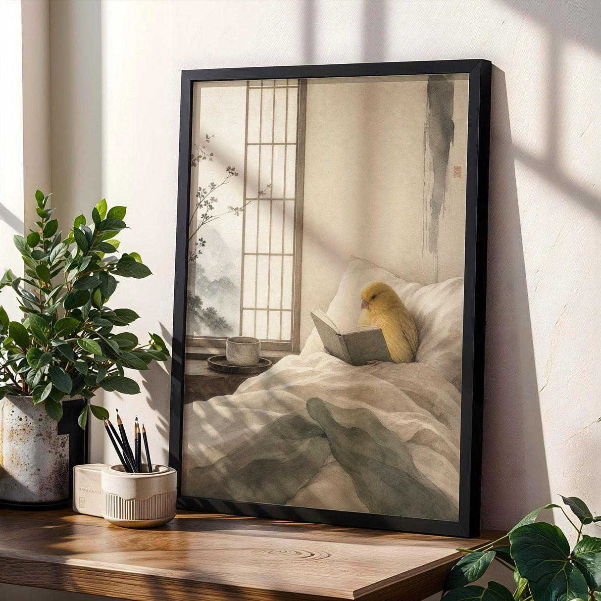 Waterslager Canary Reading in Bed Poster | Japanese Zen Sumi-e Bird Wall Art | Warm Ivory Fog Gray Decor | Minimalist Bedroom Print