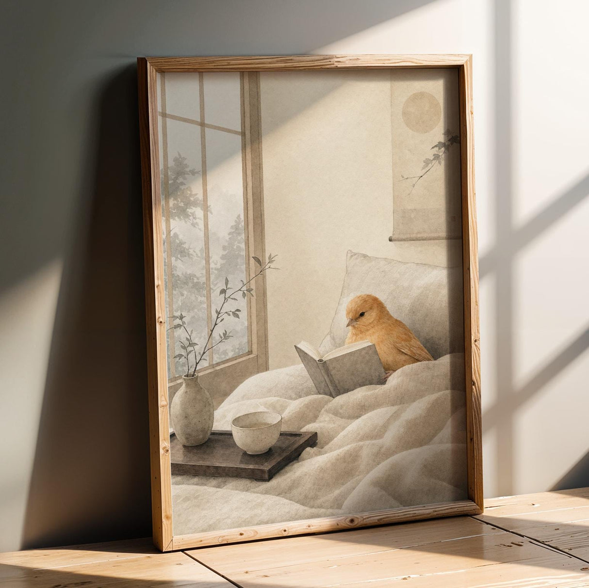 Cinnamon Canary Reading in Bed Poster | Japanese Zen Sumi-e Bird Wall Art | Warm Ivory Neutral Decor | Minimalist Bedroom Print
