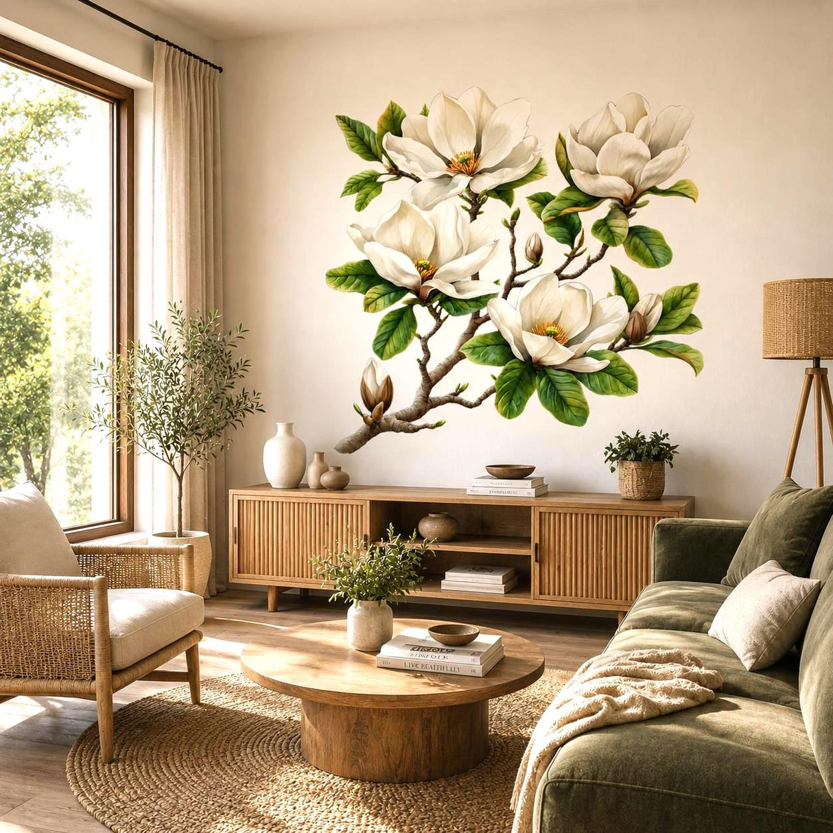 White Magnolia Branch Wall Vinyl Decal | Watercolor Floral Sticker | Botanical Wall Art | Farmhouse Cottage Bedroom Living Room Decor
