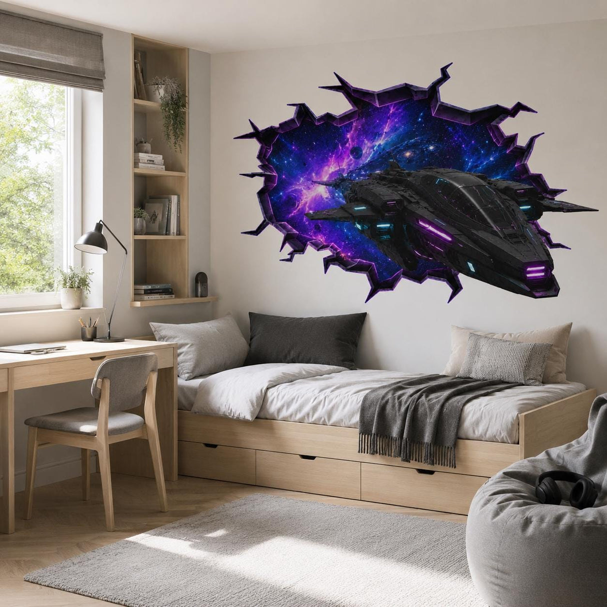 Spaceship Wall Vinyl Decal | Neon Galaxy Broken Wall Illusion Sticker | Sci Fi Space Fighter Wall Art | Gamer Teen Room Decor