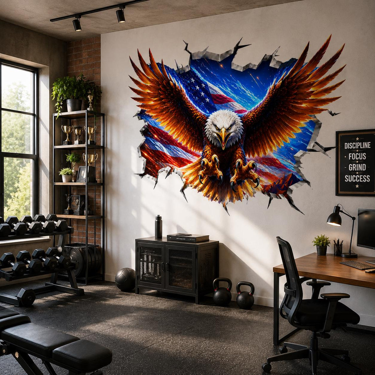 Bald Eagle Wall Vinyl Decal | American Flag Broken Wall Illusion Sticker | Patriotic USA Wall Art | Man Cave Garage Office Decor