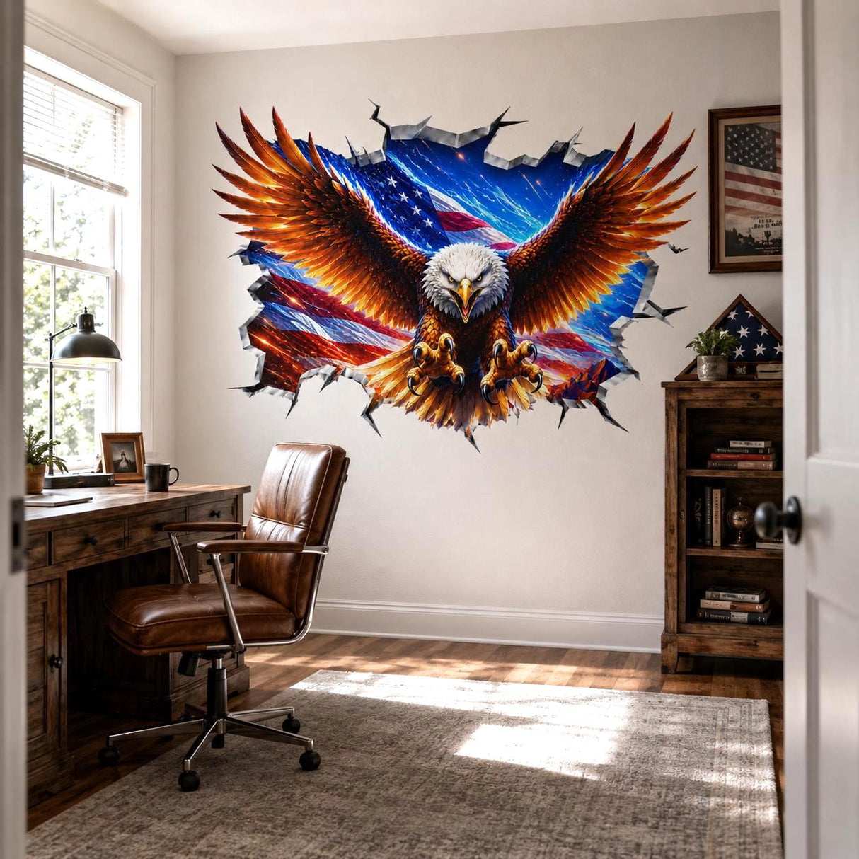 Bald Eagle Wall Vinyl Decal | American Flag Broken Wall Illusion Sticker | Patriotic USA Wall Art | Man Cave Garage Office Decor
