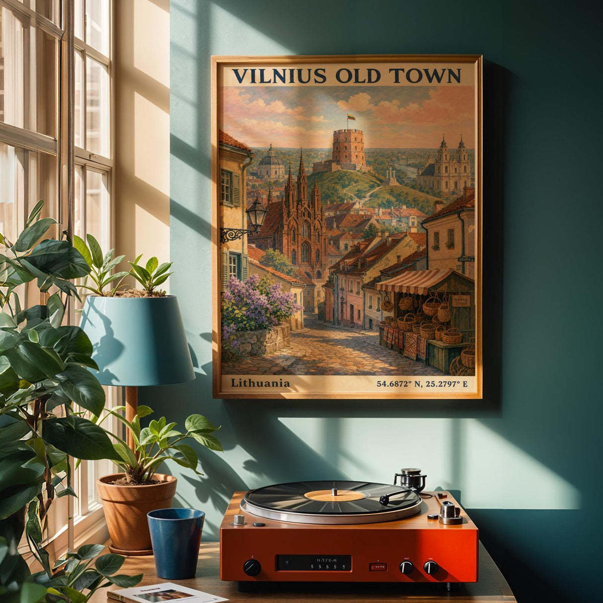 Vilnius Old Town Art Print - Modern Gouache-Vintage, Navy Blue and Terracotta Orange