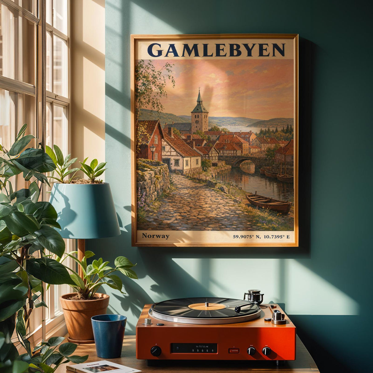 Gamlebyen Oslo Travel Poster | Vintage Norway Wall Art Print | Peach Blue River Cityscape | Church Tower Terracotta Roofs Decor