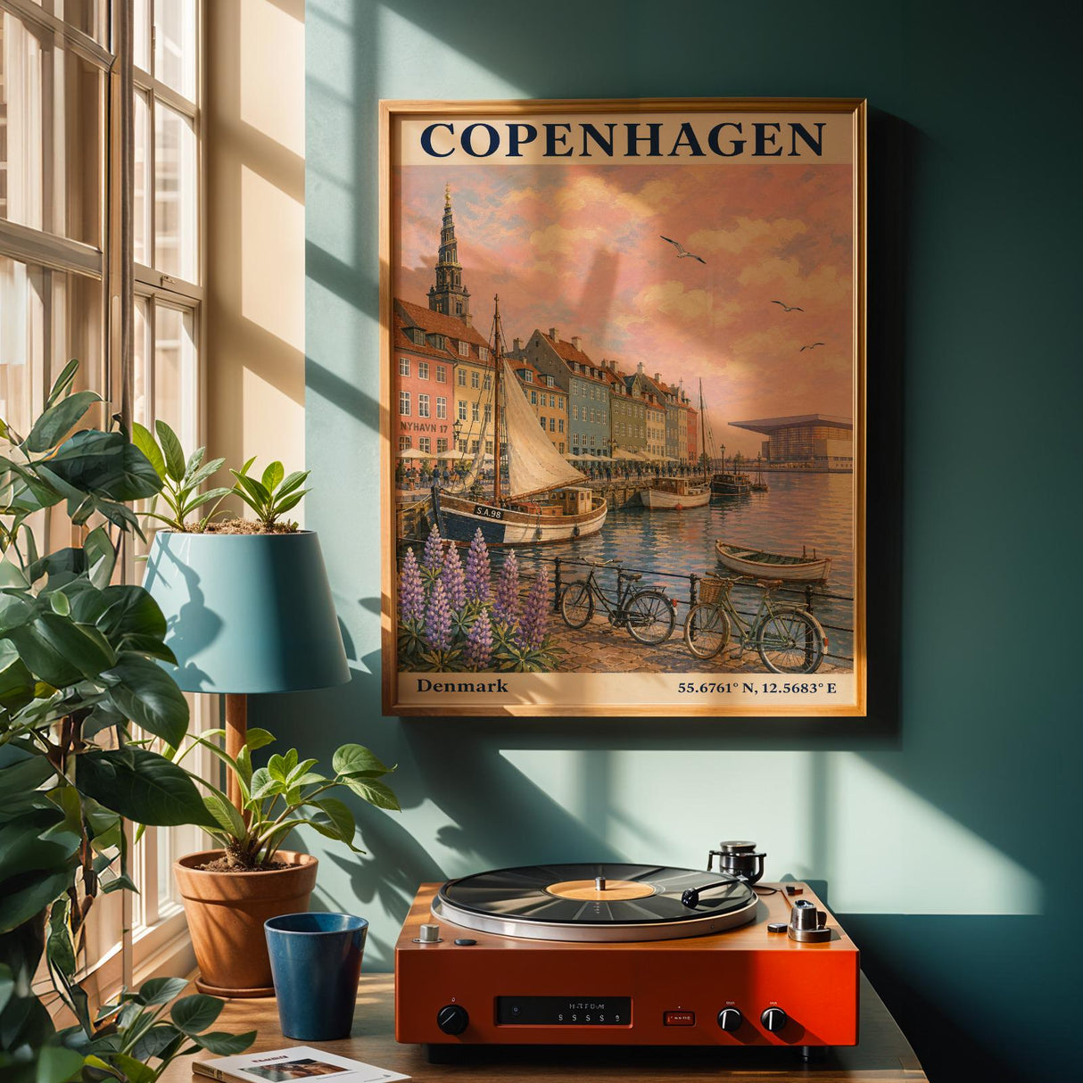 Copenhagen Harbor Travel Poster | Vintage Denmark Wall Art Print | Navy Cream Waterfront Cityscape | Scandinavian Coastal Decor