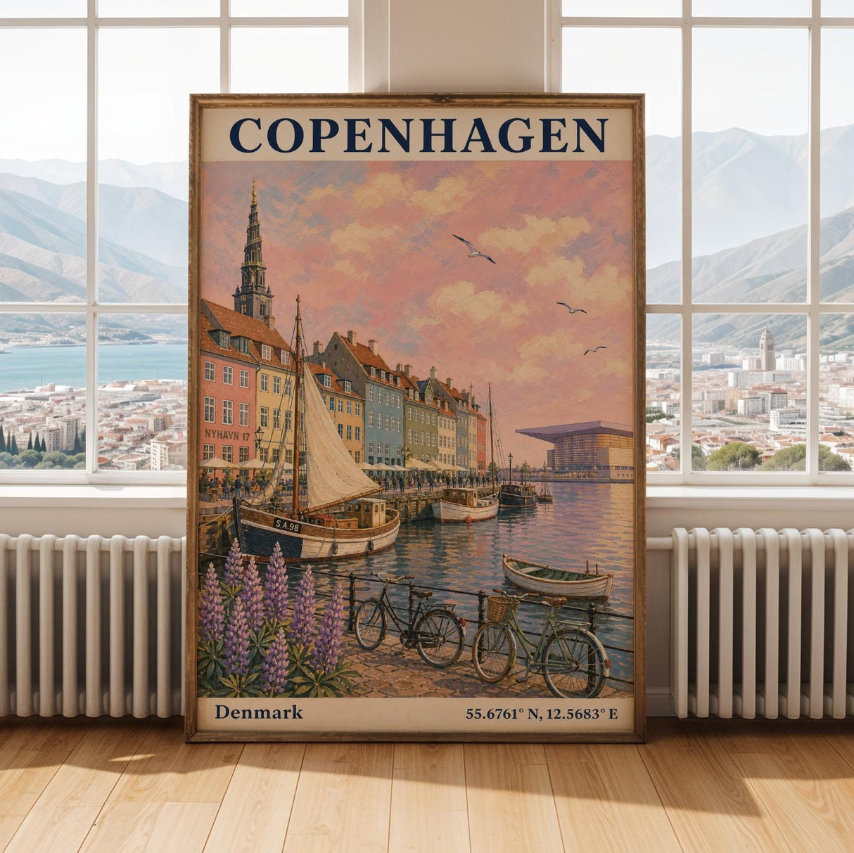 Copenhagen Harbor Travel Poster | Vintage Denmark Wall Art Print | Navy Cream Waterfront Cityscape | Scandinavian Coastal Decor