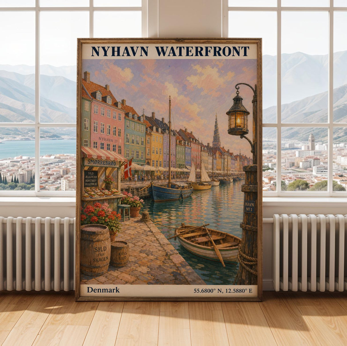 Nyhavn Copenhagen Travel Poster | Modern Denmark Wall Art Print | Navy Blue Waterfront Cityscape | Scandinavian Harbor Decor