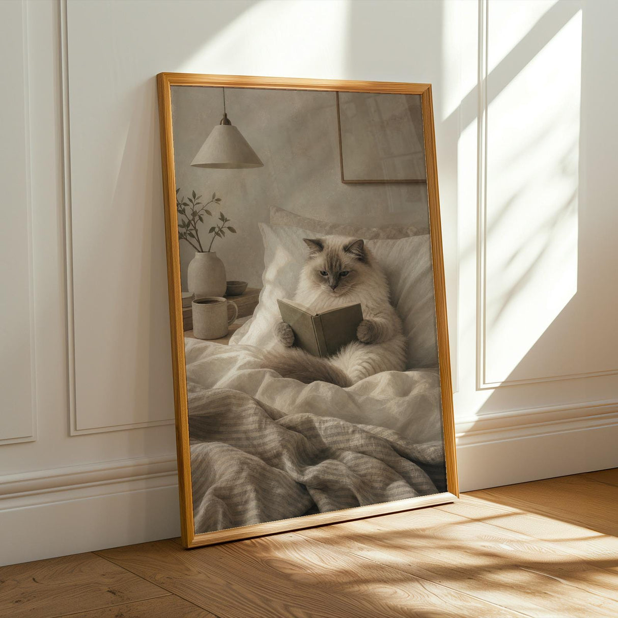 Ragdoll Cat Reading in Bed Poster | Modern Gouache Cat Wall Art | Warm Beige Oat Milk Decor | Cozy Minimalist Bedroom Print | Cat Lover Gift
