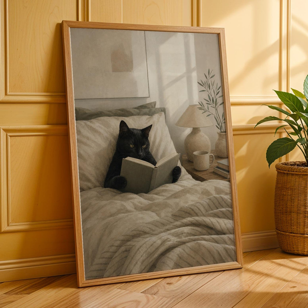Black Cat Reading in Bed Poster | Modern Minimalist Cat Wall Art | Cozy Bedroom Decor Print | Neutral Contemporary Home Art | Cat Lover Gift