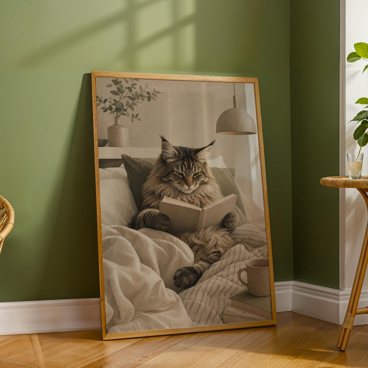 Maine Coon Cat Reading in Bed Poster | Scandinavian Gouache Cat Wall Art | Warm Beige Oat Milk Decor | Cozy Nordic Bedroom Print