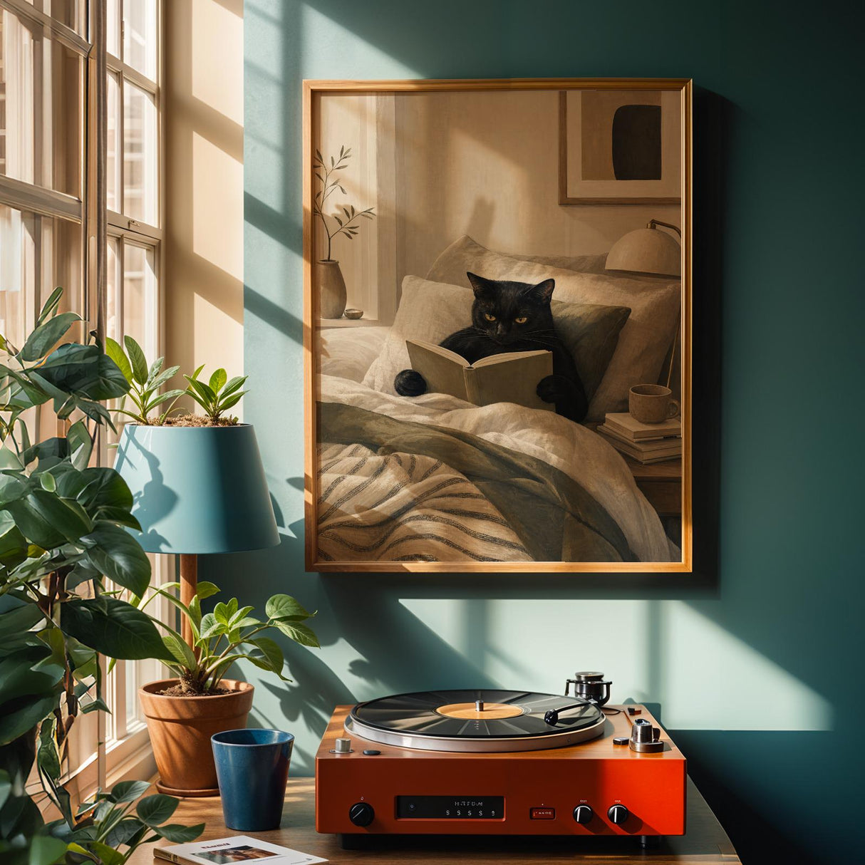 Bombay Cat Reading in Bed Poster | Modern Gouache Cat Wall Art | Warm Beige Oat Milk Decor | Cozy Minimalist Bedroom Print | Cat Lover Gift
