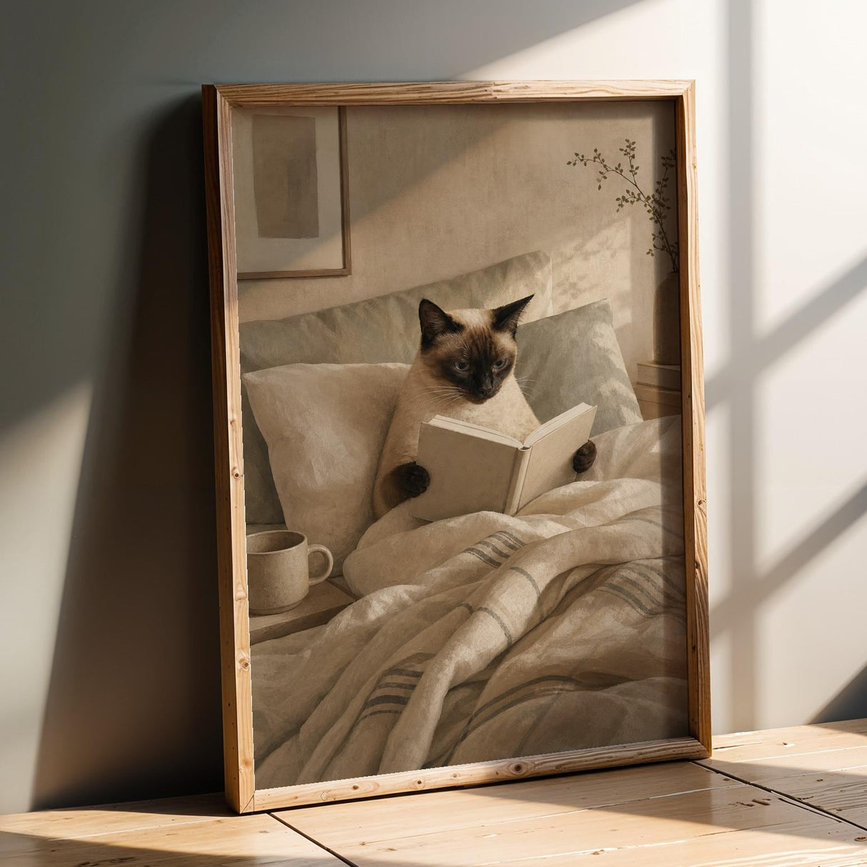 Siamese Cat Reading in Bed Poster | Scandinavian Gouache Cat Wall Art | Beige Ivory Nordic Decor | Cozy Minimalist Bedroom Print