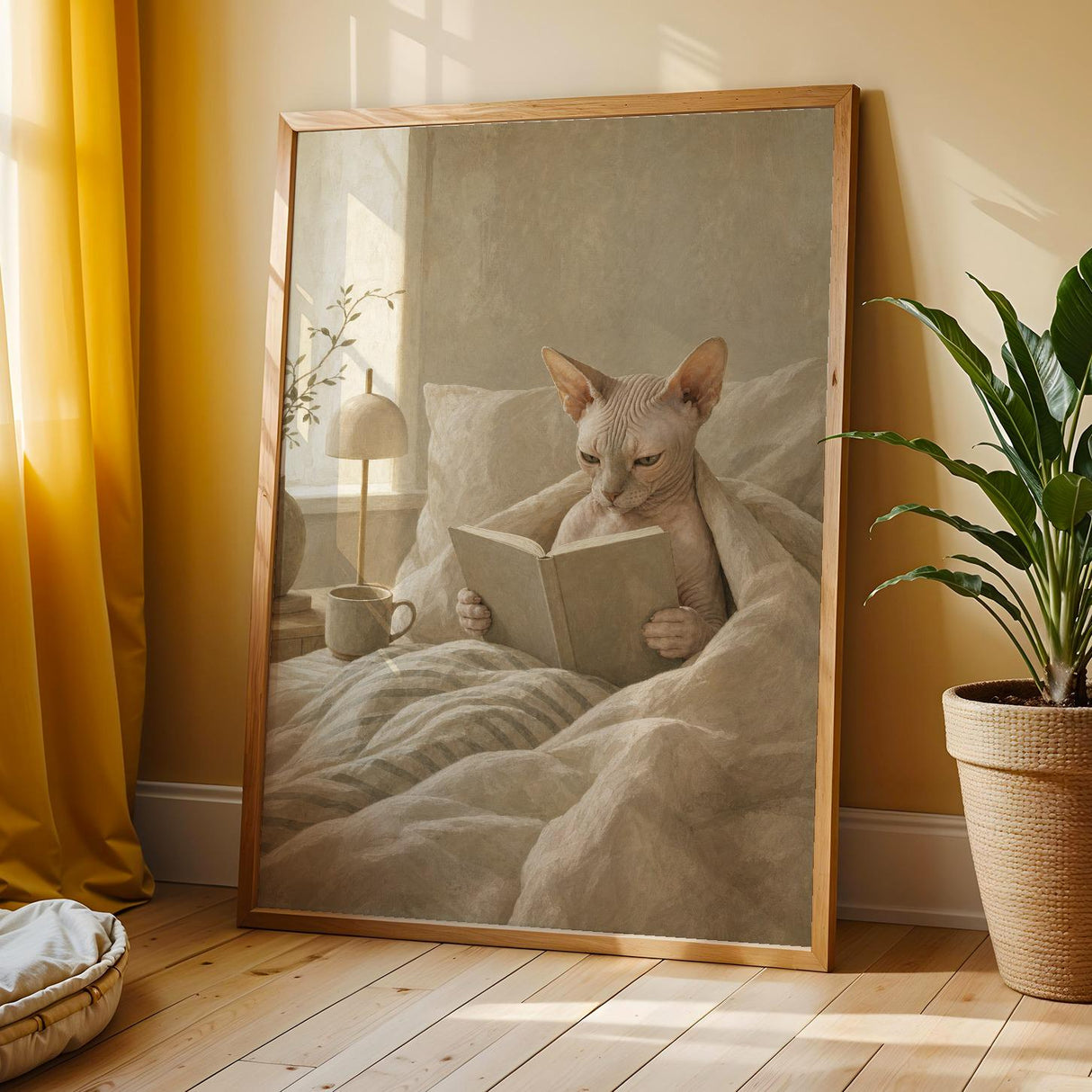 Sphynx Cat Reading in Bed Poster | Modern Gouache Cat Wall Art | Warm Beige Oat Milk Decor | Cozy Minimalist Bedroom Print