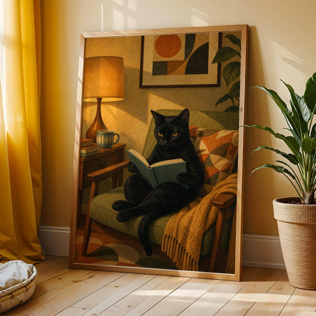 Bombay Cat Reading in Armchair Poster | Retro Modern Cat Wall Art | Yellow Decor | Cozy Mid Century Living Room Print | Cat Lover Gift