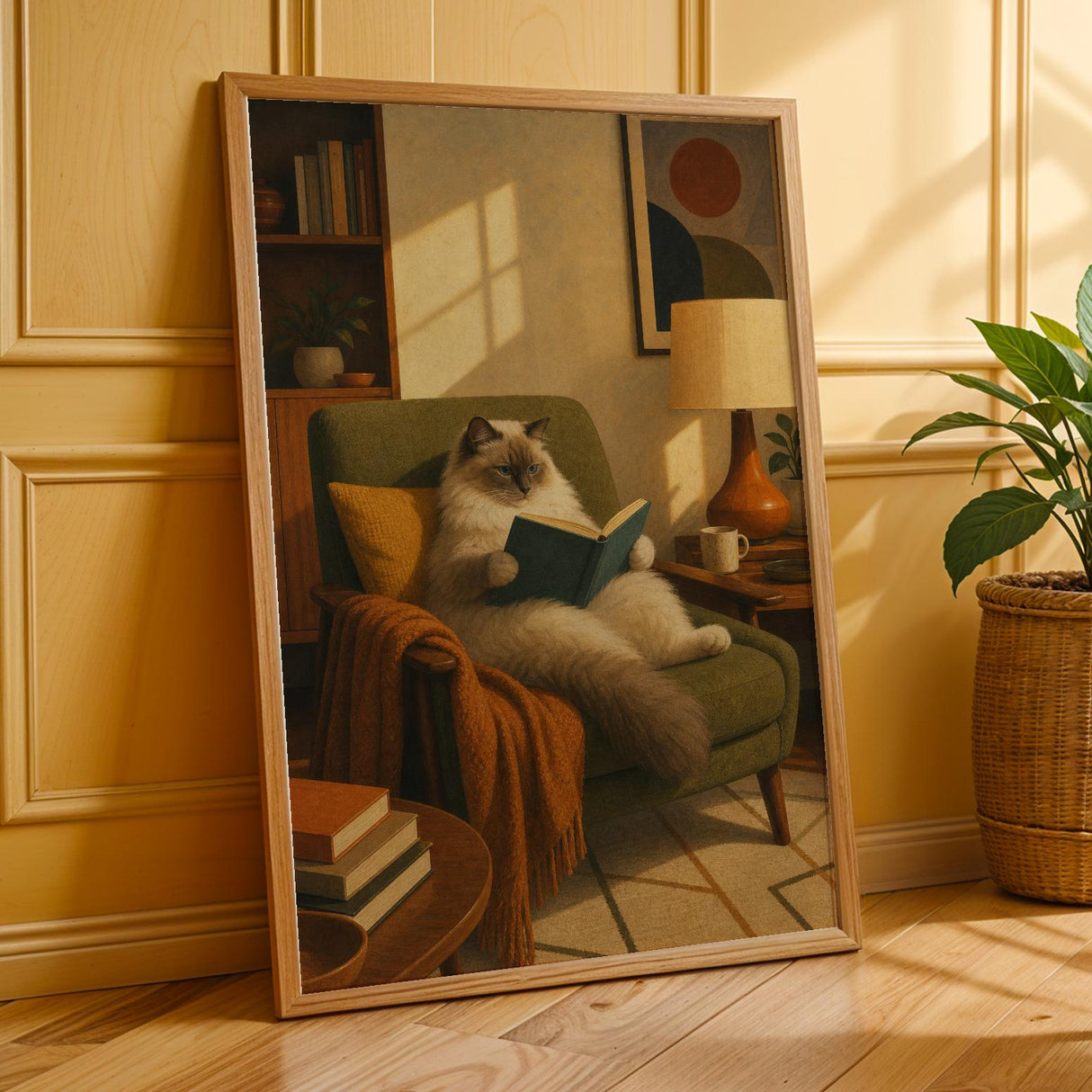 Ragdoll Cat Reading in Armchair Poster | Retro Painterly Cat Wall Art | Olive Green Burnt Orange Decor | Cozy Mid Century Living Room Print