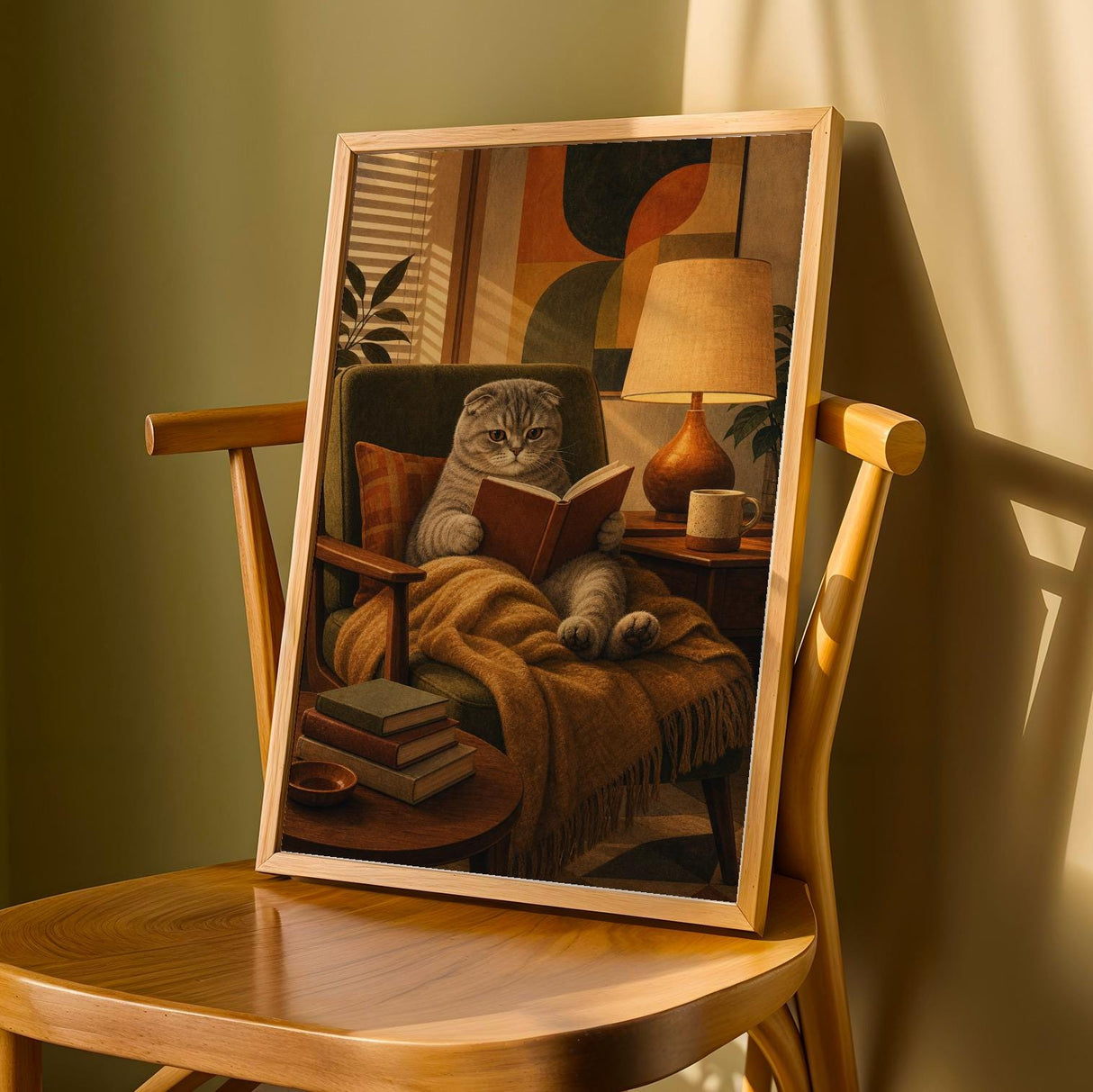Scottish Fold Cat Reading in Armchair Poster | Mid Century Modern Cat Wall Art Decor | Cozy Retro Living Room Print | Cat Lover Gift