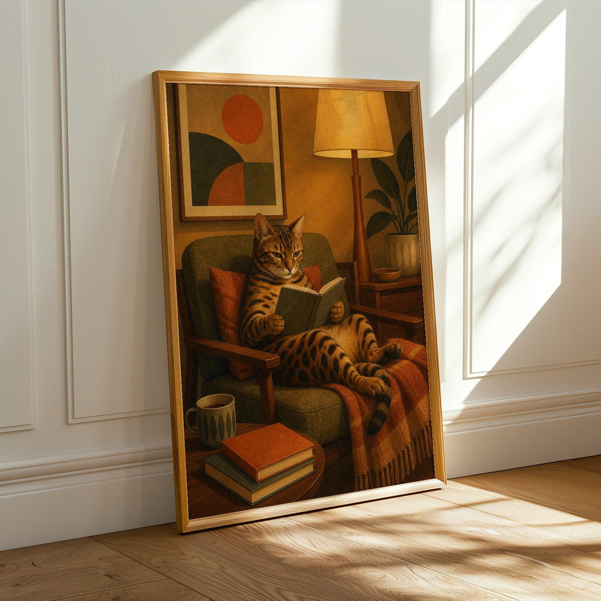 Bengal Cat Reading in Armchair Poster | Mid Century Modern Cat Wall Art | Mustard Yellow Burnt Orange Decor | Cozy Retro Living Room Print