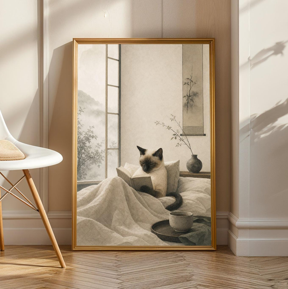 Siamese Cat Reading in Bed Poster | Japanese Zen Sumi-e Cat Wall Art | Warm Ivory Fog Gray Decor | Minimalist Bedroom Print | Cat Lover Gift