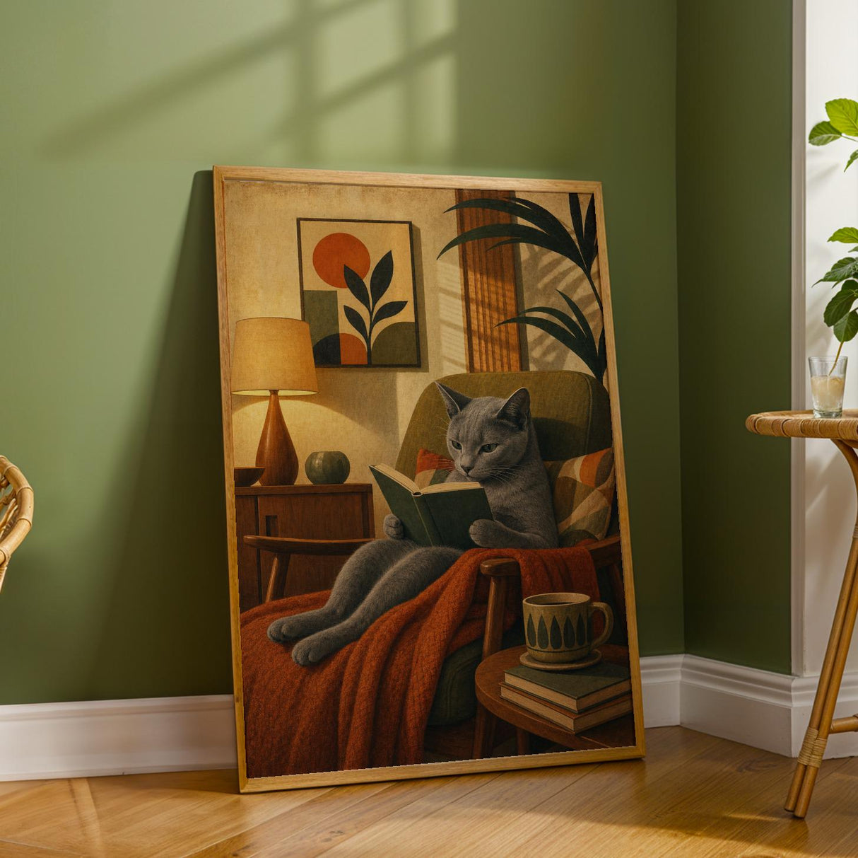 Russian Blue Cat Reading Book Poster | Modern Cat Wall Art Print | Warm Cream Mustard Yellow Decor | Literary Cat Lover Gift | Office Decor